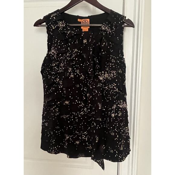 Tory Burch Tops - Tory Burch Silk Layered Ruffled Lea Black Stars Blouse Size 8